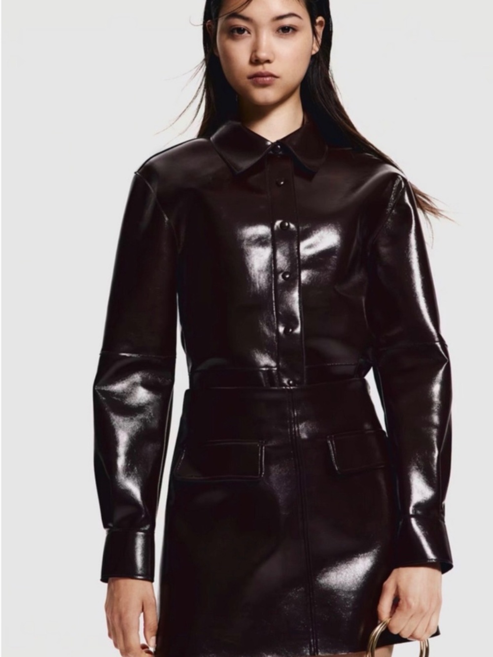 H&M Limited Edition Burgundy Coated Faux Leather Shirt Jacket + Skirt SET